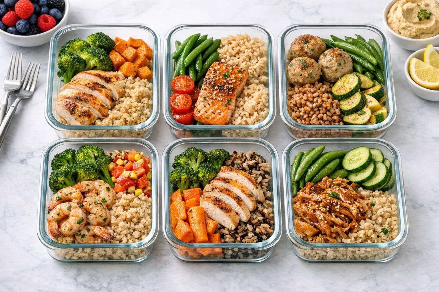 Repas sains avec portions controlees dans des recipients en verre montrant des assiettes equilibrees avec proteines maigres, legumes et cereales completes