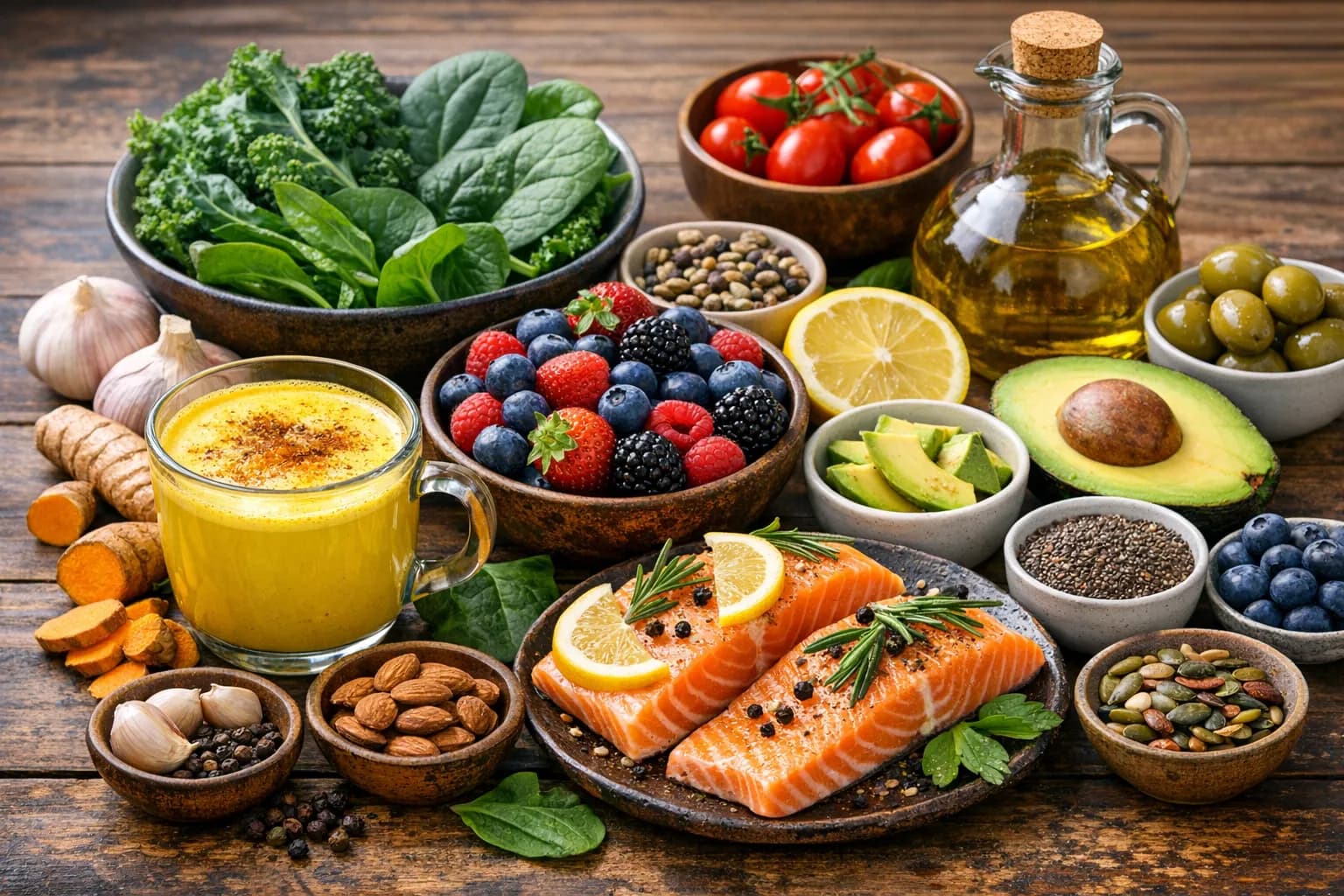 A colorful spread of anti-inflammatory foods including salmon, berries, leafy greens, turmeric, and olive oil on a wooden table