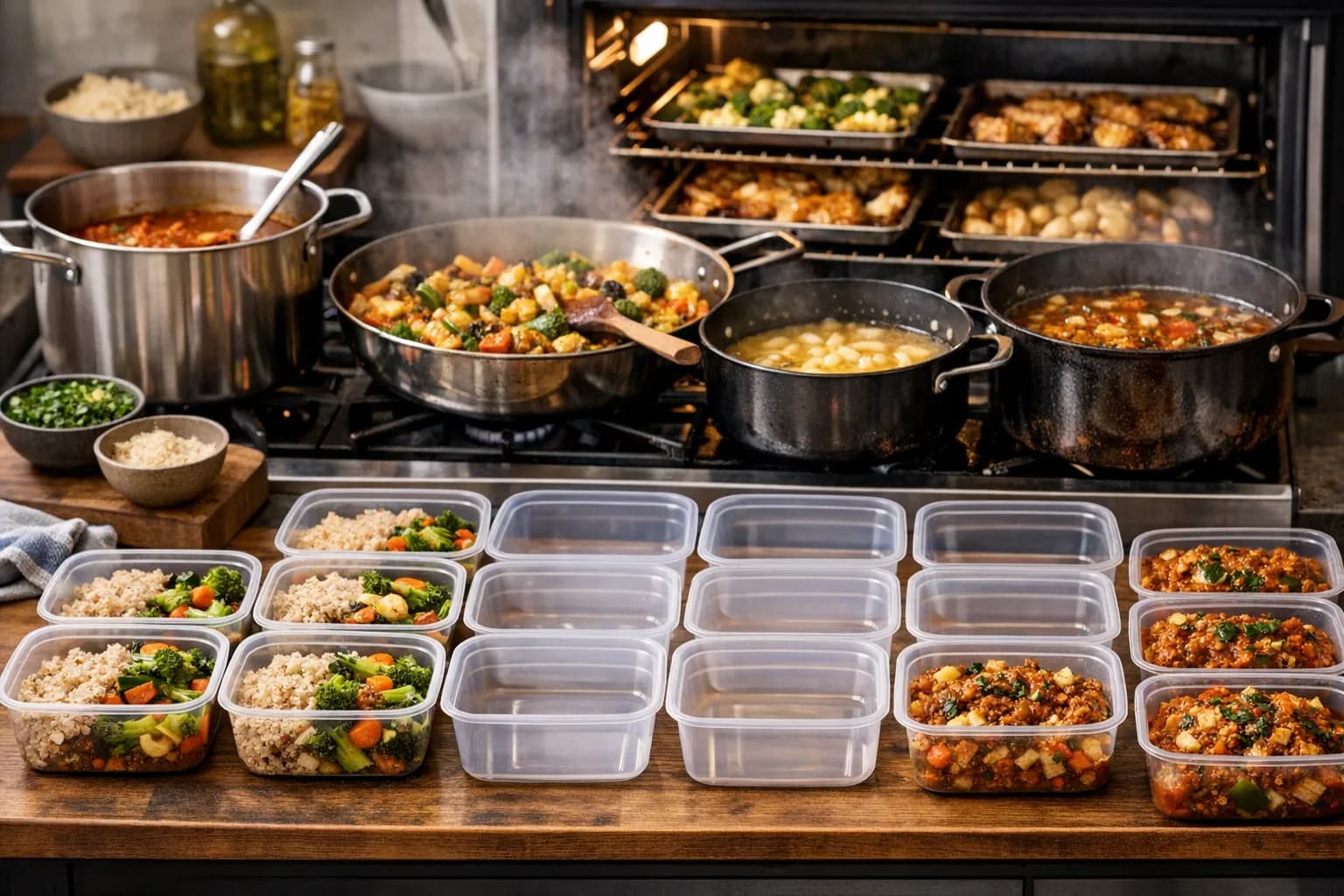 Multiple glass containers filled with batch-cooked meals and ingredients organized on a kitchen counter
