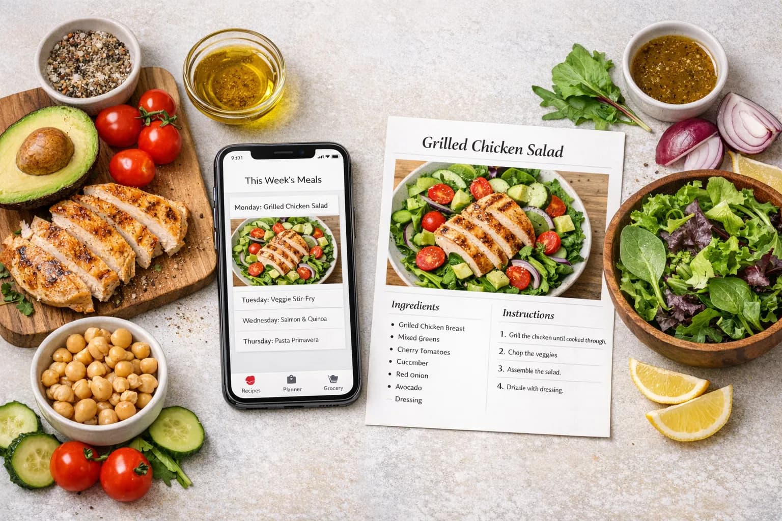 Smartphone screens showing different meal planning apps side by side on a kitchen counter