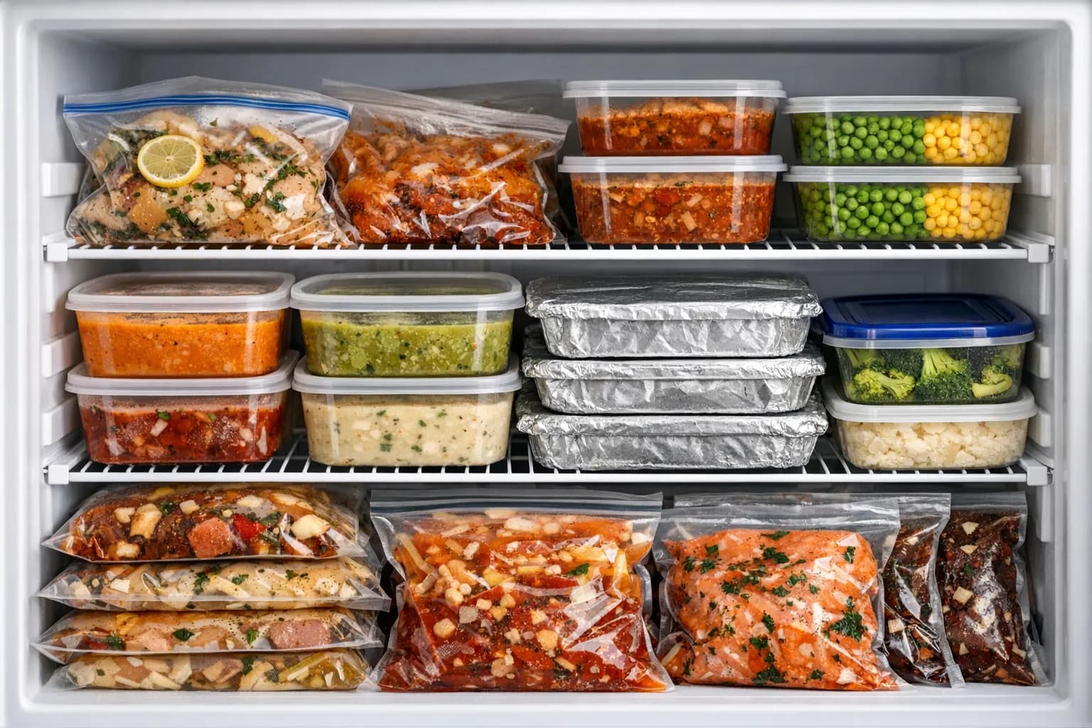 Labeled freezer meal containers stacked neatly in a freezer alongside frozen meal prep bags