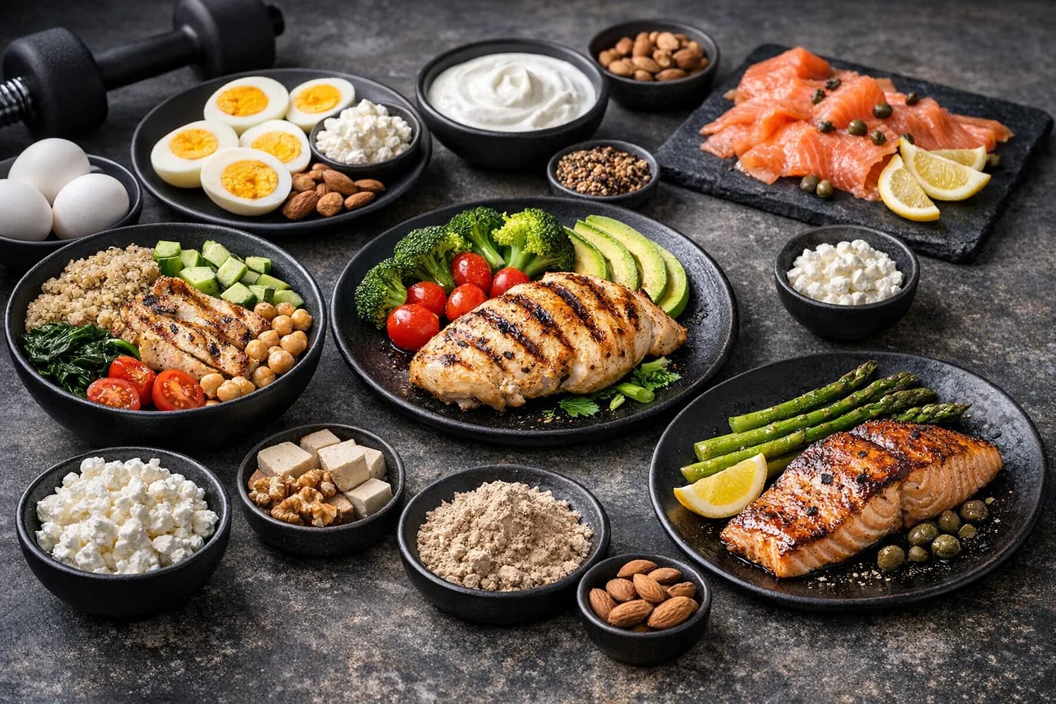 A high-protein meal spread with grilled chicken, eggs, Greek yogurt, salmon, and vegetables on a kitchen counter