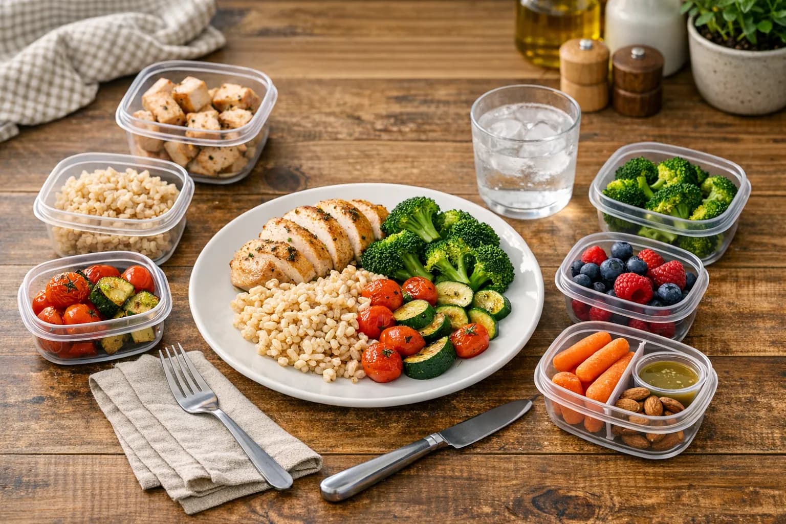 A single-serving meal beautifully plated on a kitchen table with organized containers in the background