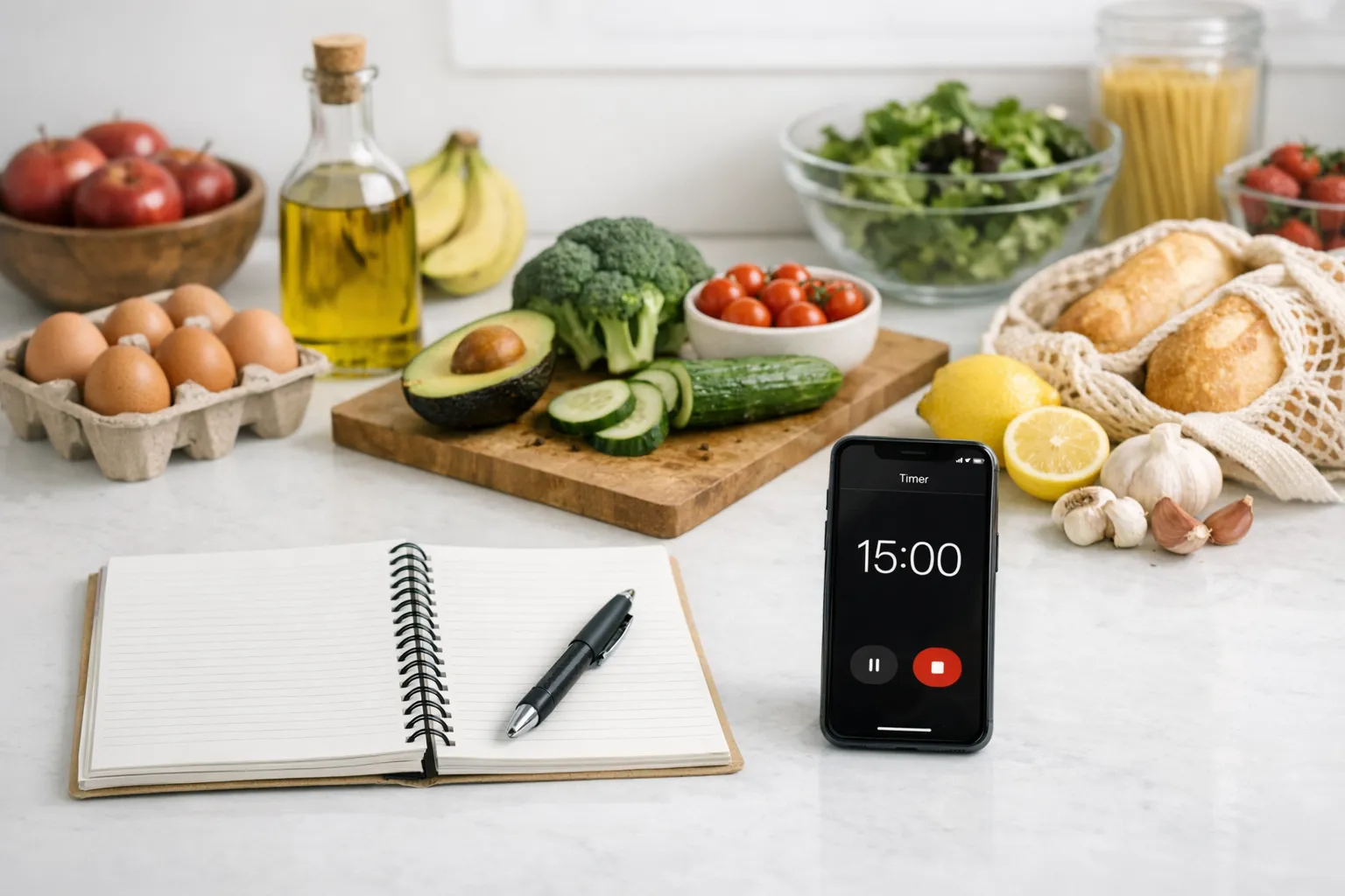 Kitchen timer showing 15 minutes next to a weekly meal plan on a notepad