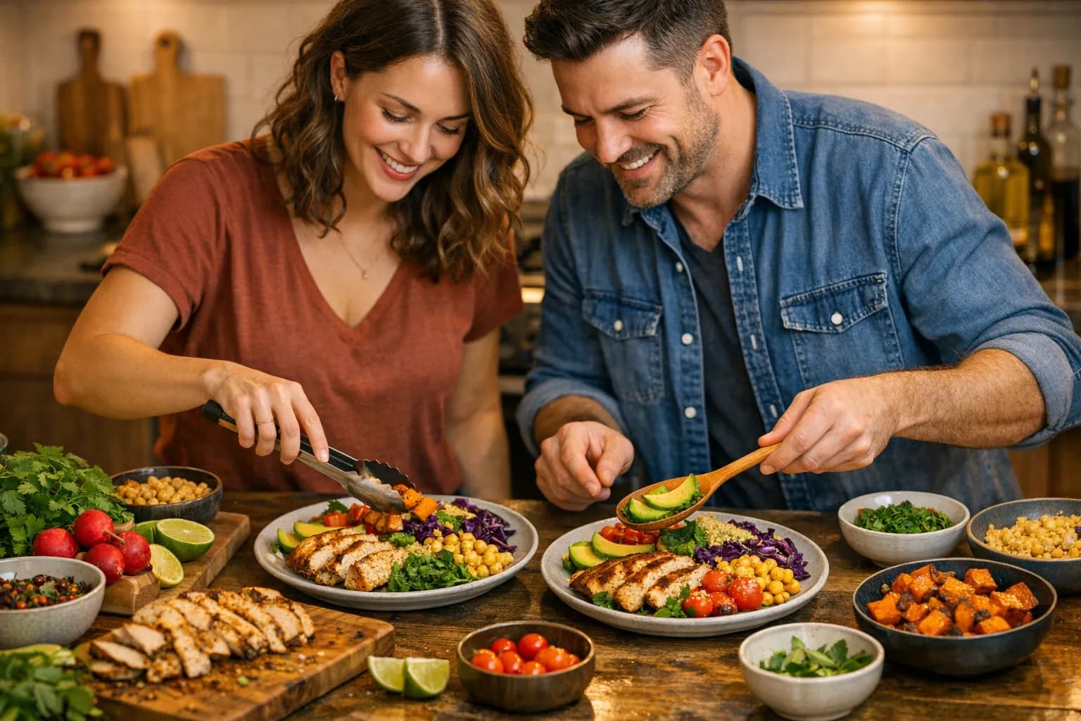 A couple preparing a colorful meal together in a modern kitchen with fresh ingredients on the counter
