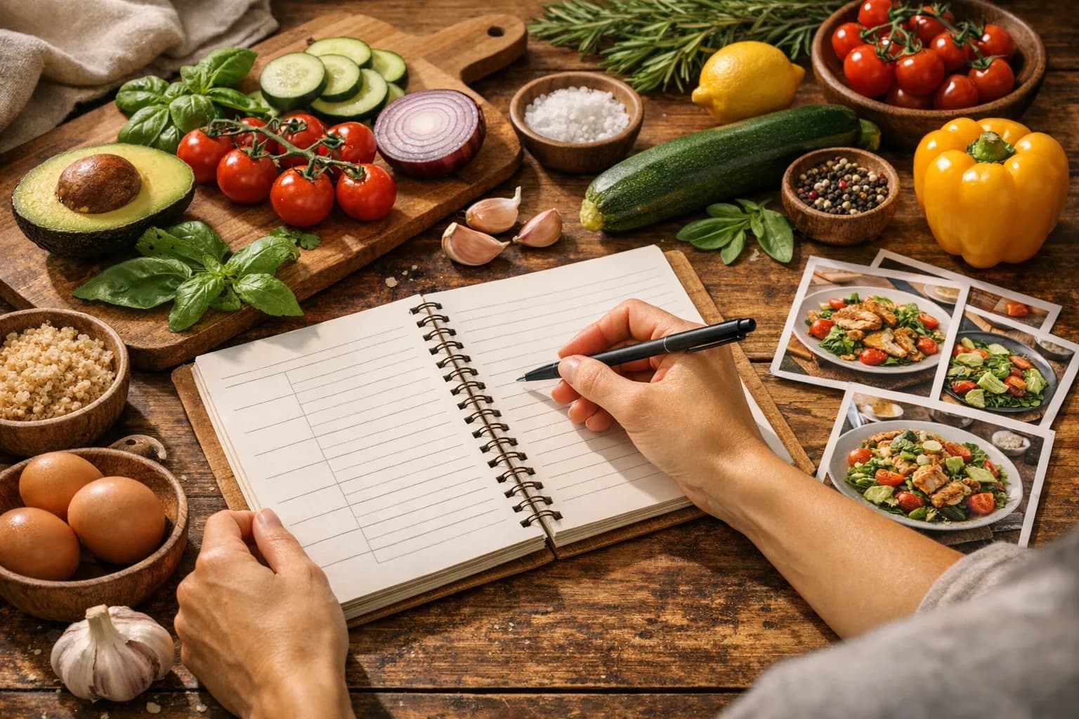 A kitchen counter with a weekly meal planner notebook, fresh groceries, and organized recipe cards