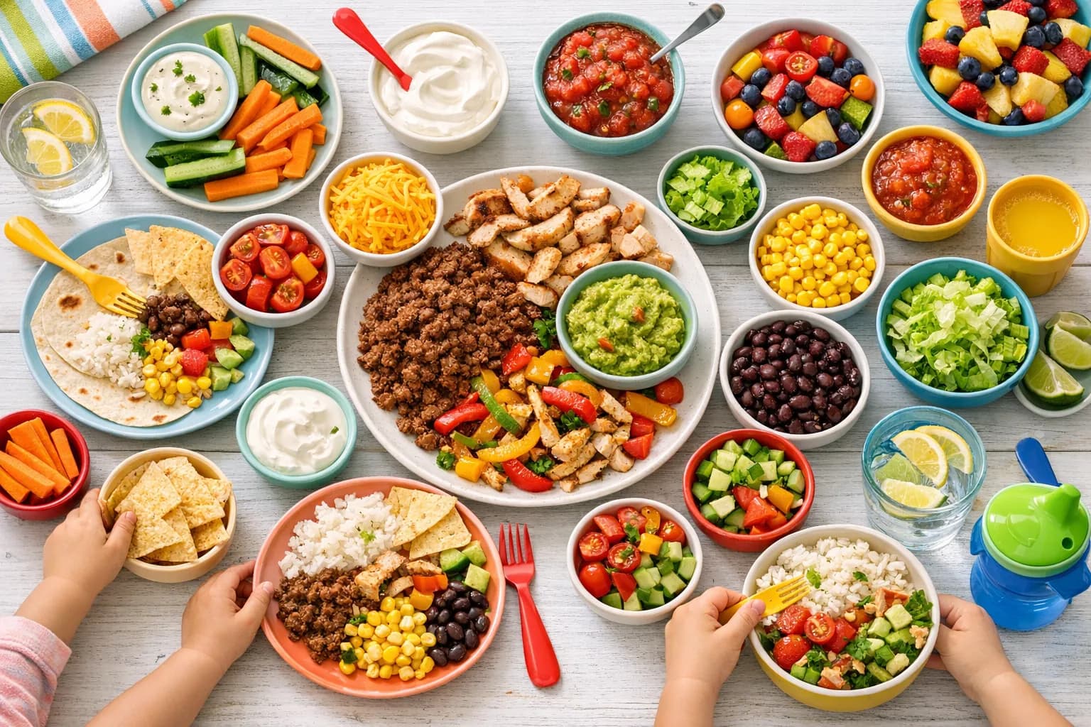 A colorful family dinner table with kid-friendly meal options