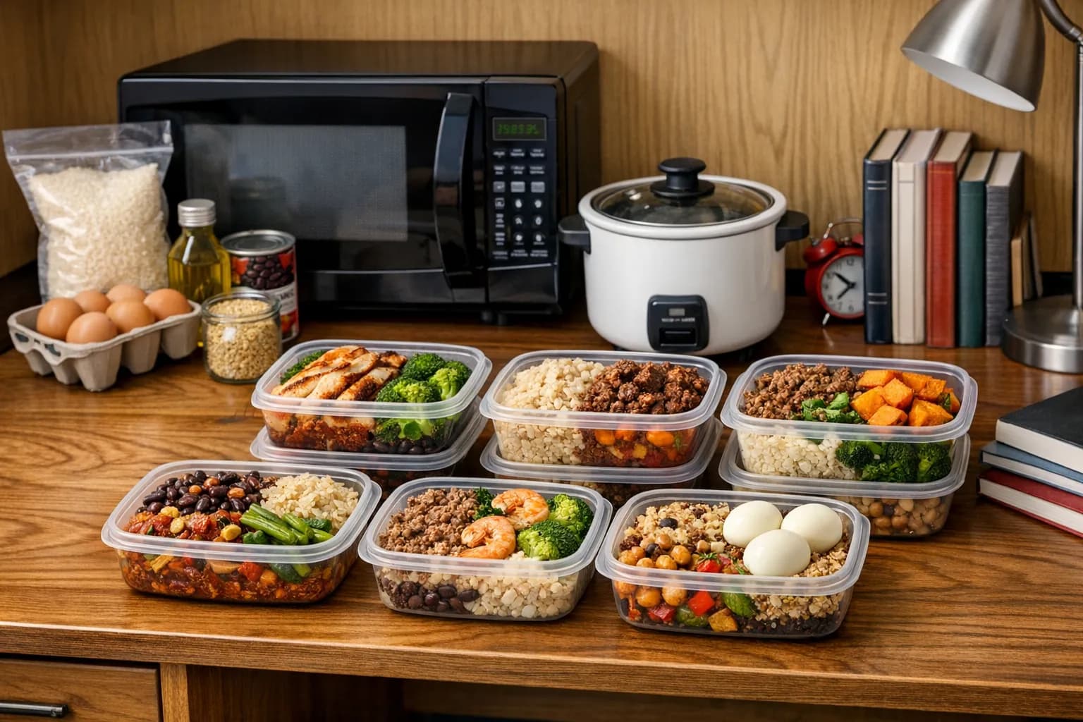 A college dorm desk with organized meal prep containers, a microwave, and a simple rice cooker next to textbooks