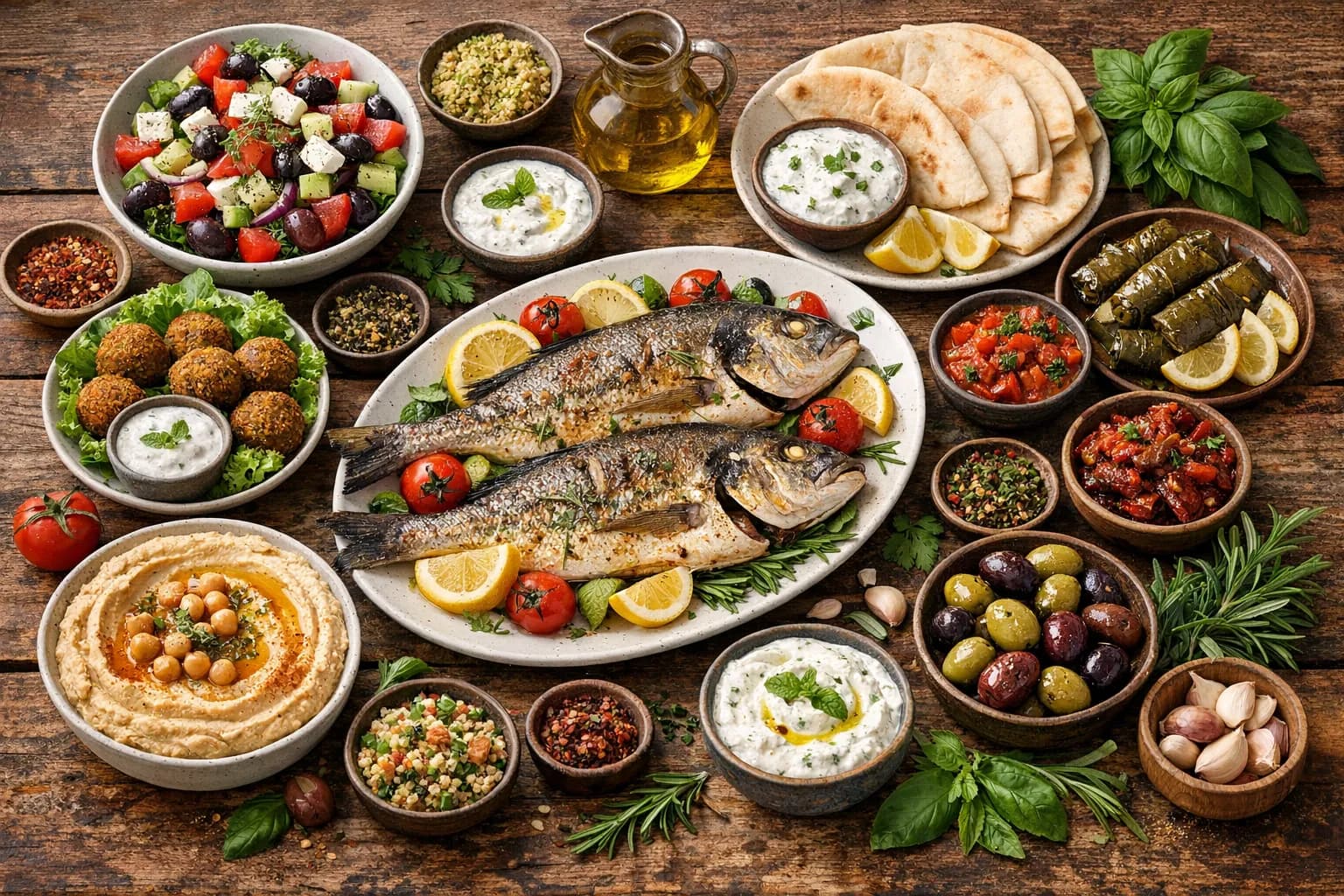 A Mediterranean-style spread with olive oil, fresh vegetables, grilled fish, and whole grain bread on a rustic table