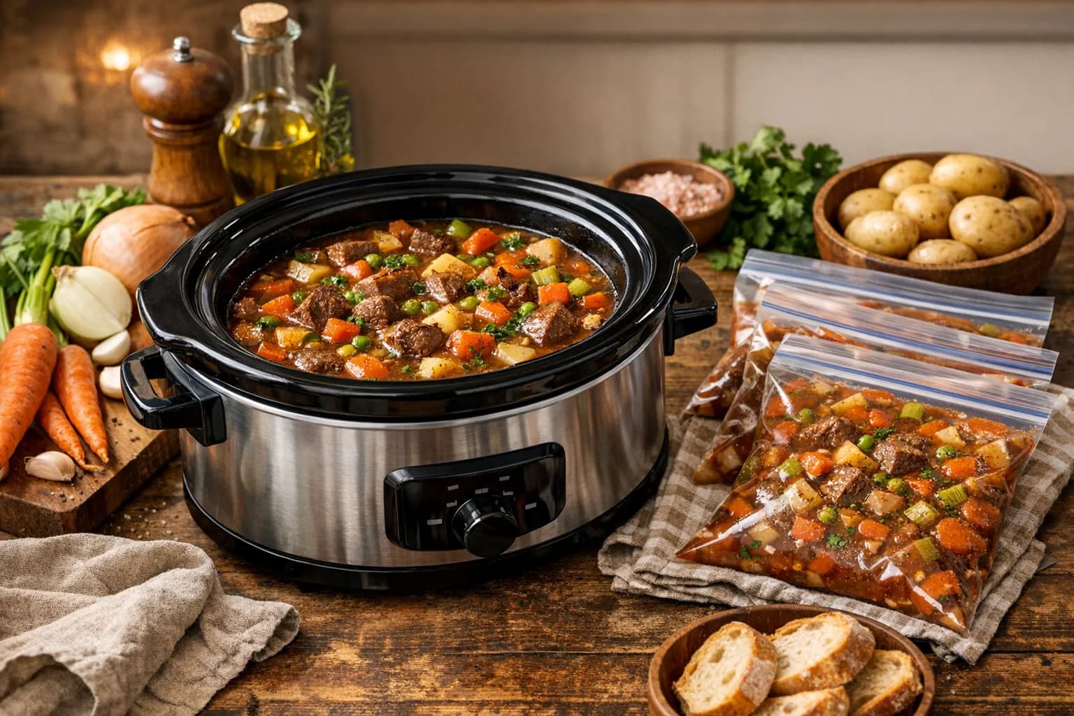 Une mijoteuse sur un plan de travail de cuisine avec un ragout termine a l'interieur entouree d'ingredients frais et d'un plan de repas hebdomadaire